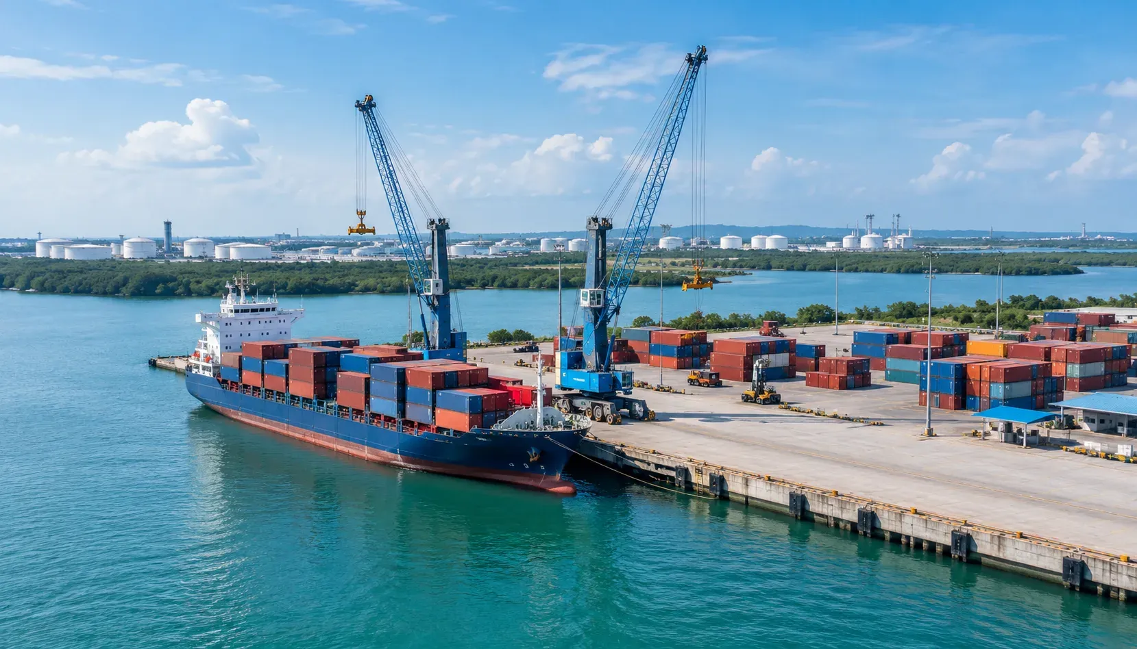 Container vessel alongside a multipurpose wharf with mobile harbour cranes
