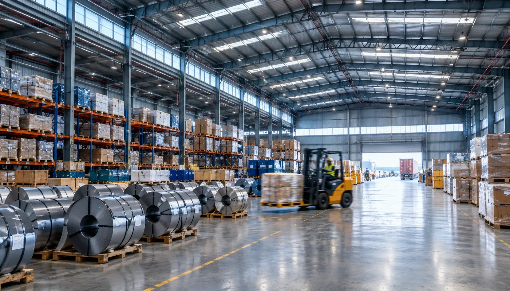 Bonded warehouse with steel coils and palletised cargo