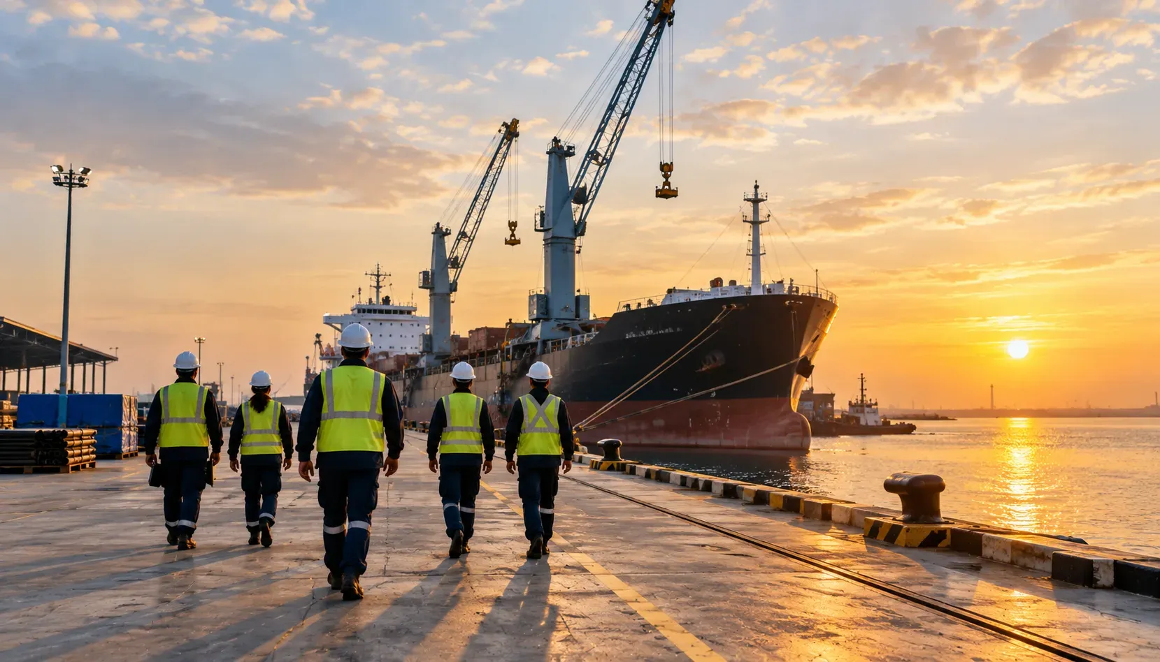 Port operations team walking along the jetty at golden hour