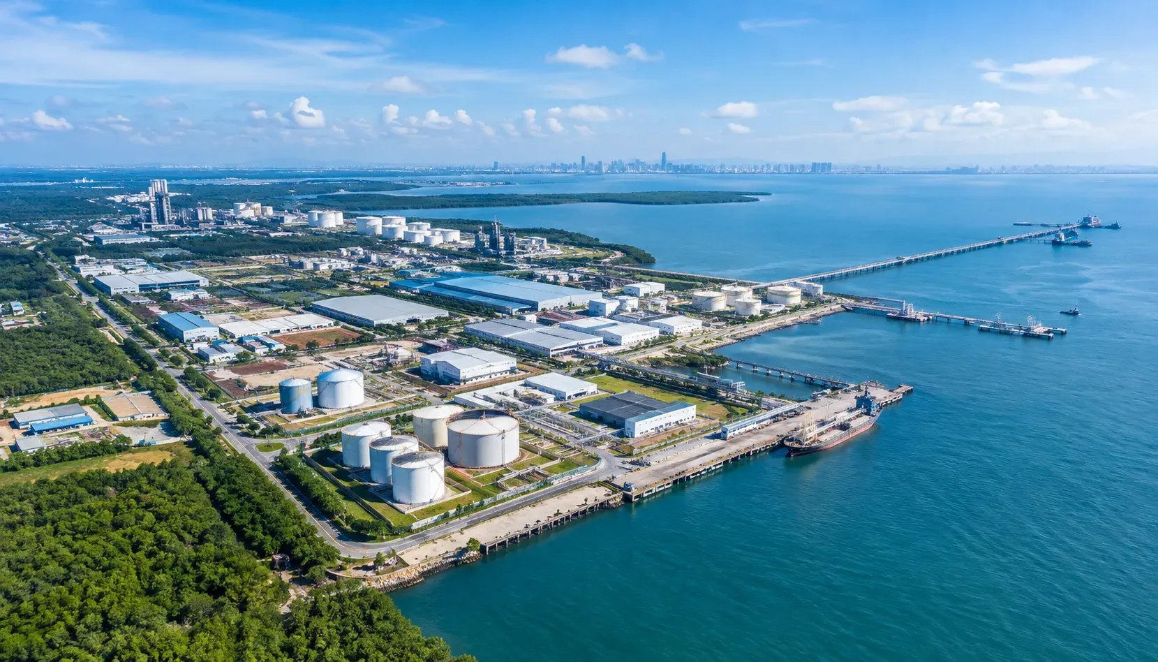 Aerial view of a port-integrated industrial complex on the Straits of Johor