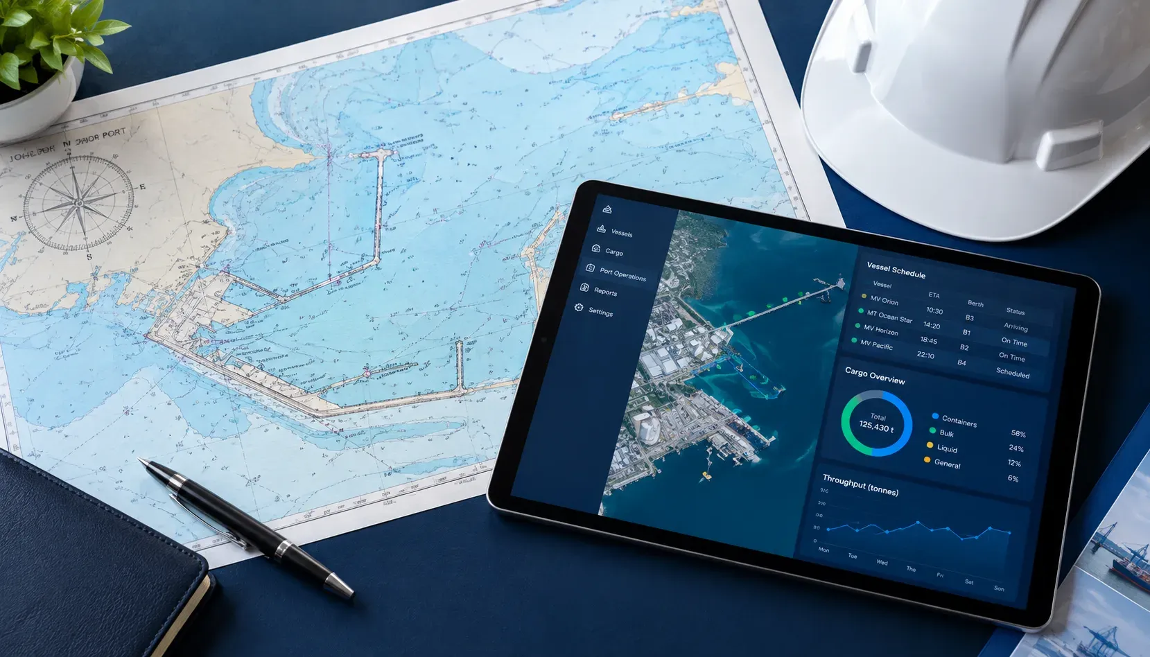 Nautical chart, port operations tablet and hard hat on a desk