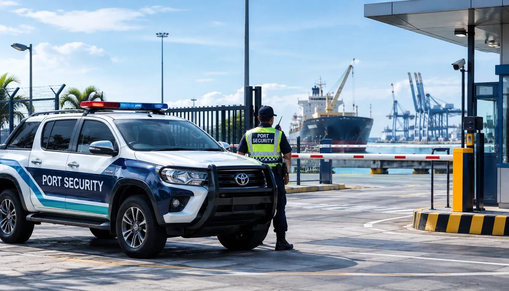 Port security patrol vehicle and officer at the harbour gate