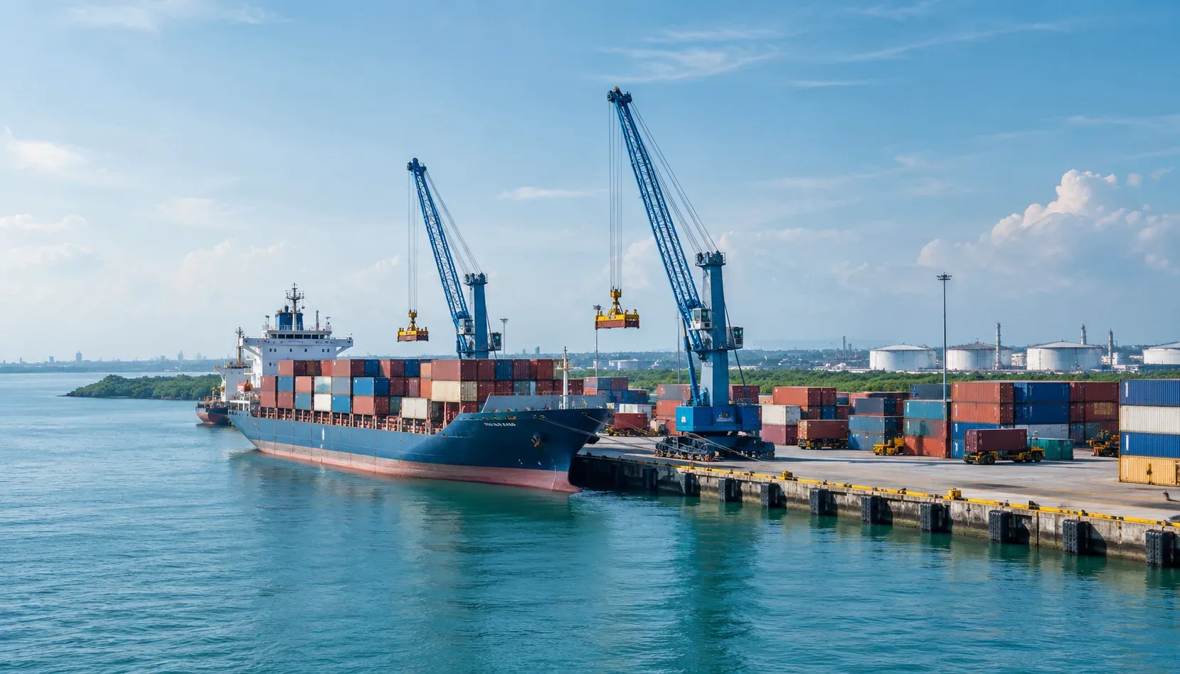 Mobile harbour cranes working a container vessel at a tropical quay
