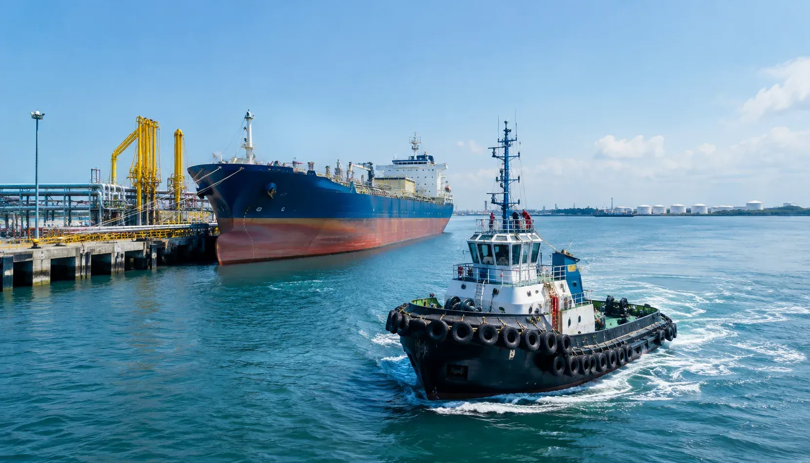 Tugboat escorting a tanker away from a liquid cargo jetty