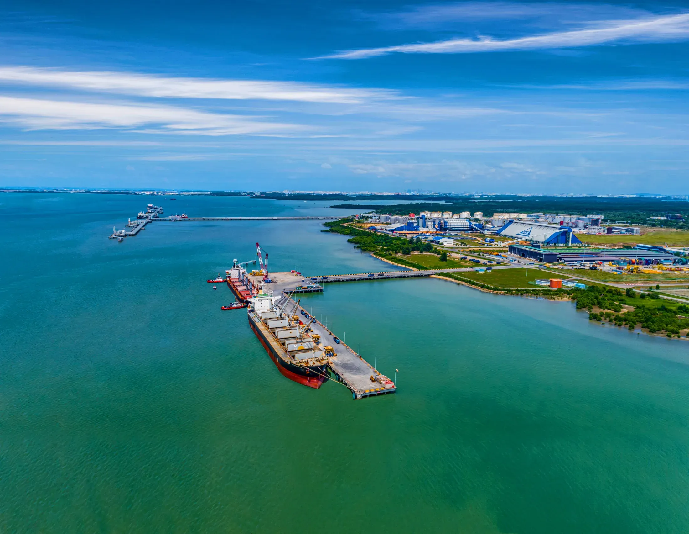Aerial view of Tanjung Langsat Port and its marine berths on the Straits of Johor